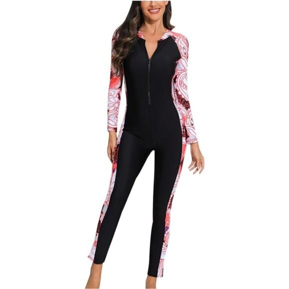 Women's Long Sleeve Zip Front Rash Guard Full Body Swimsuit Sun